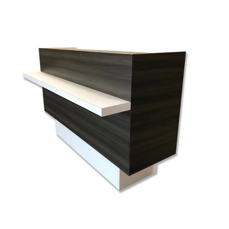 Reception Counter Solutions Remedy Reception Counter Side View Modern Style Dark Wood Color Desk with White Shelf and Bottom