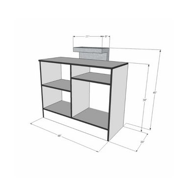 Reception Counter Solutions Rise Reception Counter In Grey, White, With Black Border Modern Style Dimension Diagram With Measurements 4 Feet Wide