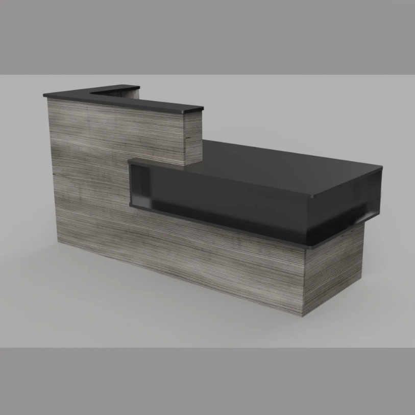 Reception Counter Solutions Santa Barbara Reception Desk in Gray and Black Front View Display Gray Wood Color Desk Counter 7 Feet Wide