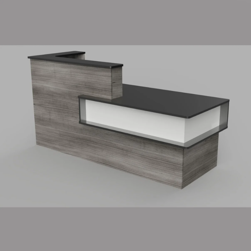 Reception Counter Solutions Santa Barbara Reception Desk in Gray and Black/White Front View Display Gray Wood Color Desk Counter 7 Feet Wide