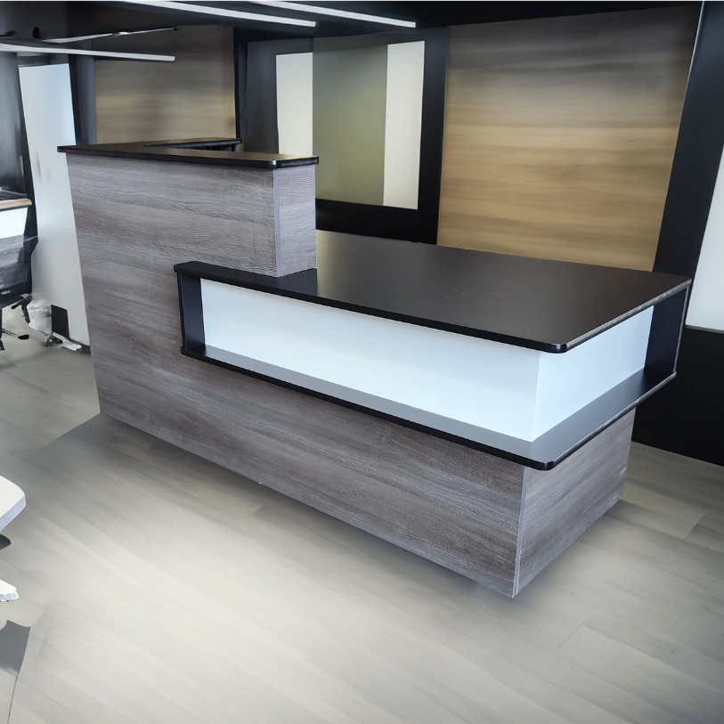 Reception Counter Solutions Santa Barbara Reception Desk in Gray and Black/White Front View Display Gray Wood Color Desk 7 Feet Wide