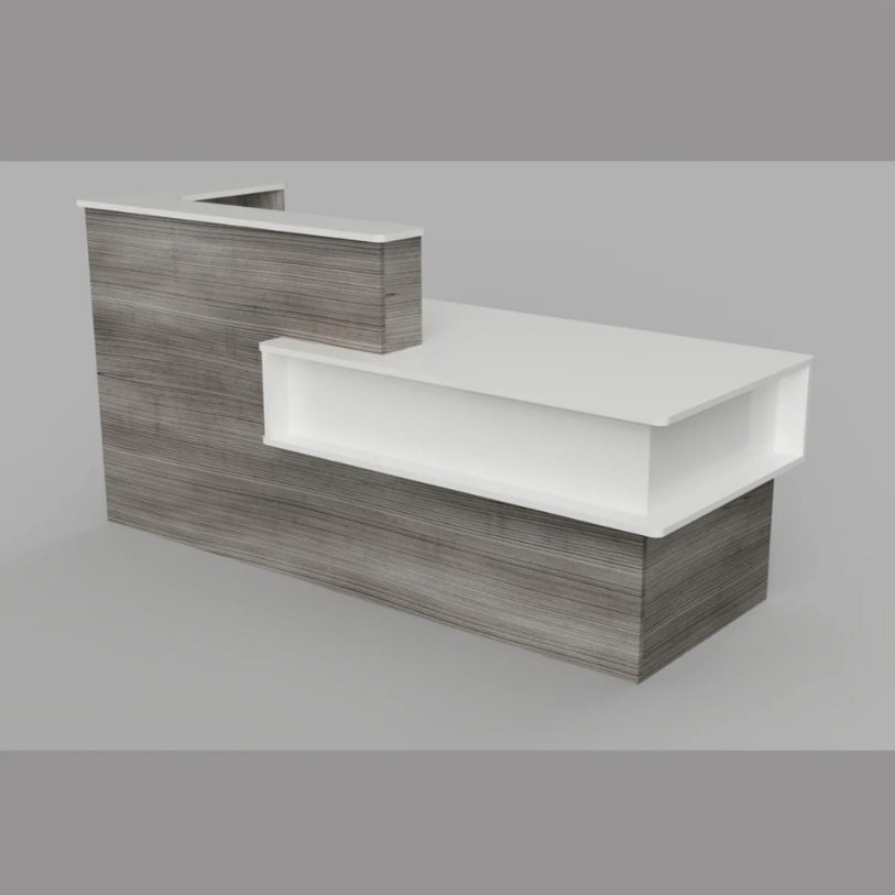 Reception Counter Solutions Santa Barbara Reception Desk in Gray and White Front View Display Gray Wood Color Desk Counter 7 Feet Wide
