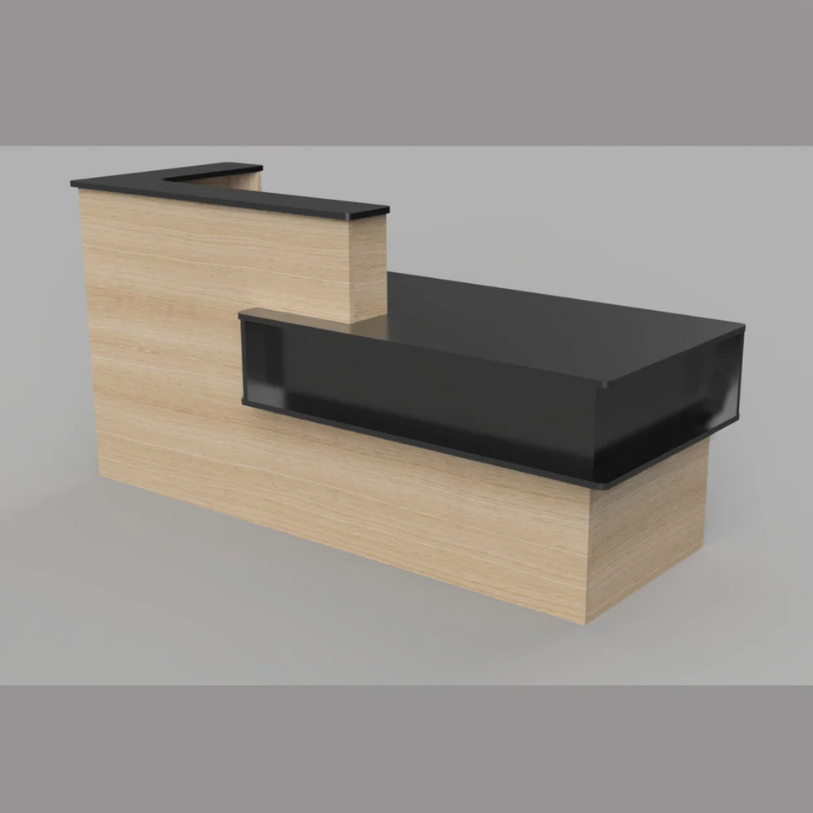 Reception Counter Solutions Santa Barbara Reception Desk in Maple and Black Front View Display Light Wood Color Desk Counter 7 Feet Wide
