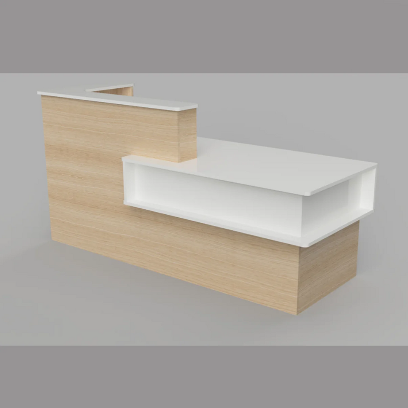 Reception Counter Solutions Santa Barbara Reception Desk in Maple and White Front View Display Light Wood Color Desk Counter 7 Feet Wide