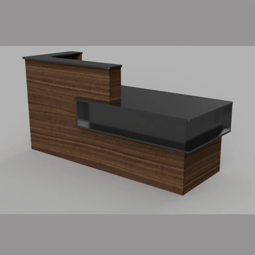 Reception Counter Solutions Santa Barbara Reception Desk in Walnut and Black Front View Display Brown Wood Color Desk Counter 7 Feet Wide