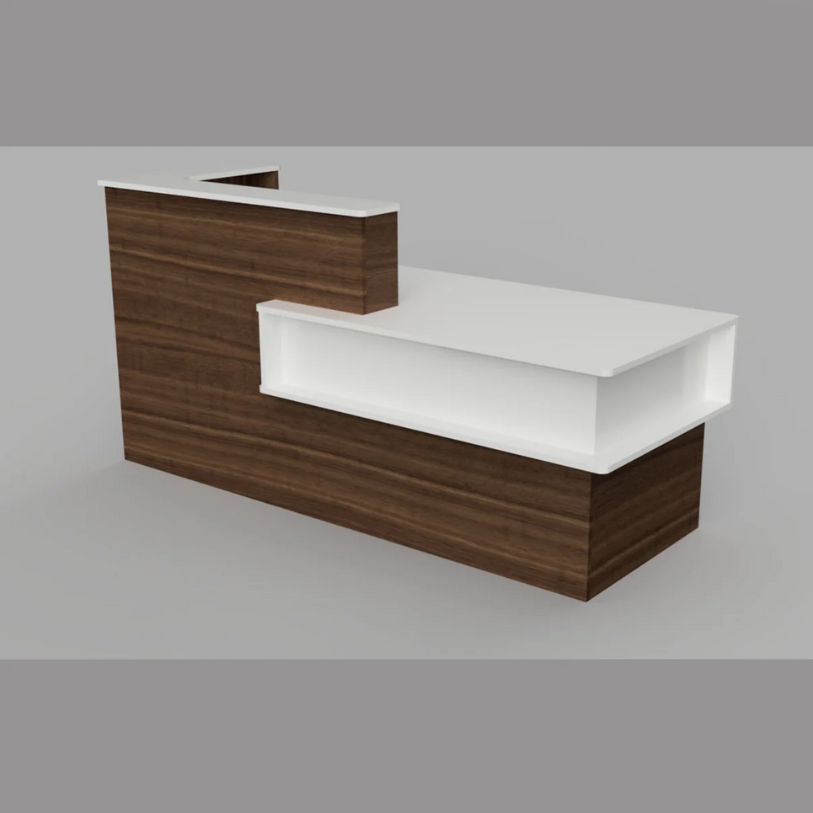 Reception Counter Solutions Santa Barbara Reception Desk in Walnut and White Front View Display Brown Wood Color Desk Counter 7 Feet Wide