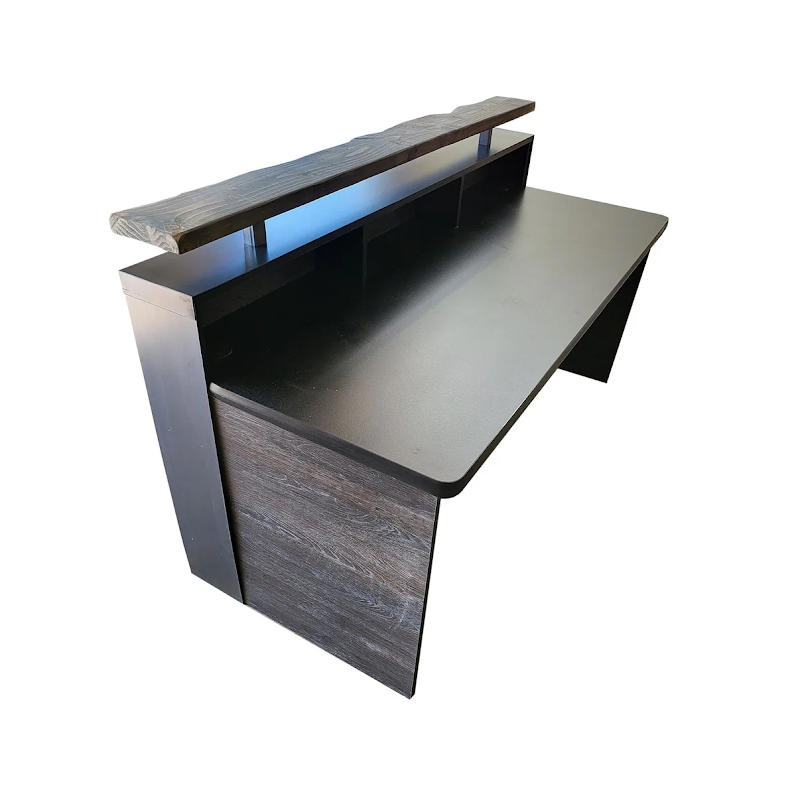 Reception Counter Solutions Scorched Oak Memphis Reception Desk Back Side Interior View Modern Rustic Wood Rectangular Desk Sales Counter In 4 Feet 6 Feet or 8 Feet Wide