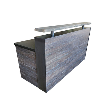 Reception Counter Solutions Scorched Oak Memphis Reception Desk Front Left Side Angle View Modern Rustic Wood Rectangular Desk Sales Counter In 4 Feet 6 Feet or 8 Feet Wide