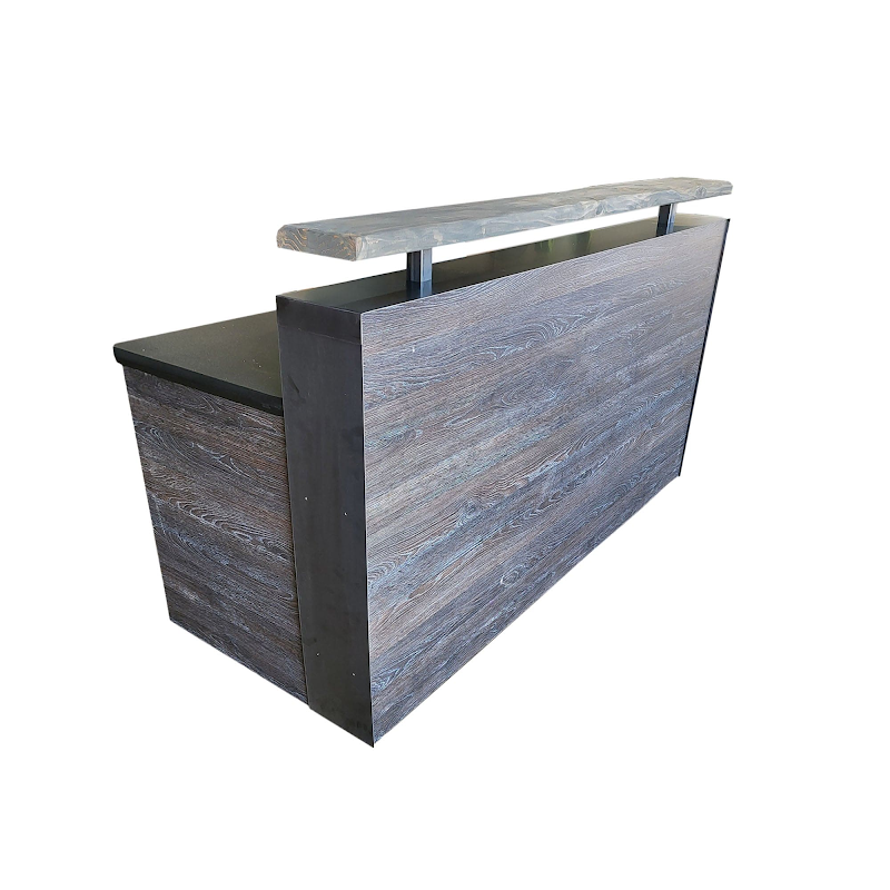 Reception Counter Solutions Scorched Oak Memphis Reception Desk Front Left Side Angle View Modern Rustic Wood Rectangular Desk Sales Counter In 4 Feet 6 Feet or 8 Feet Wide