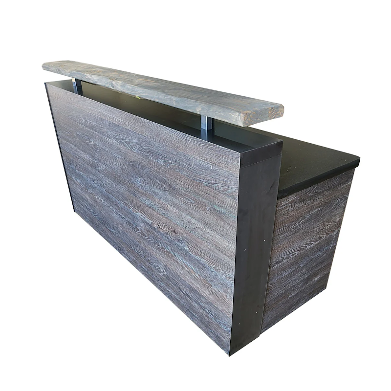 Reception Counter Solutions Scorched Oak Memphis Reception Desk Front Ride Side View Modern Rustic Wood Rectangular Desk Sales Counter In 4 Feet 6 Feet or 8 Feet Wide