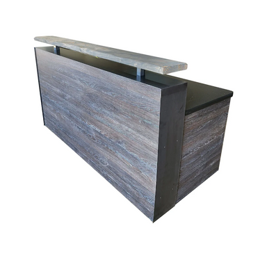 Reception Counter Solutions Scorched Oak Memphis Reception Desk Front Side  Angle View Modern Rustic Wood Rectangular Desk Sales Counter In 4 Feet 6 Feet or 8 Feet Wide