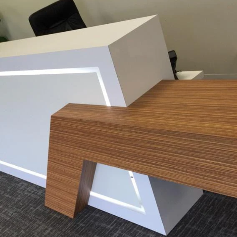 Reception Counter Solutions Tech Class 1 Reception Desk Modern Style Front View Closeup White and Light Wood Dual Color