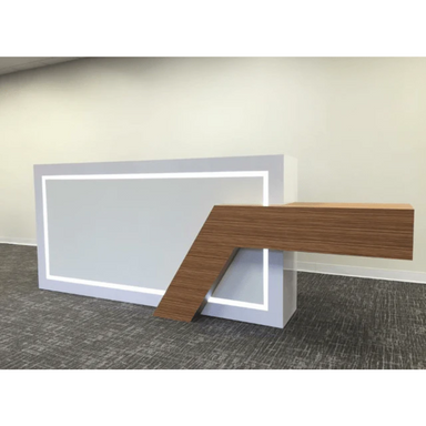 Reception Counter Solutions Tech Class 1 Reception Desk Modern Style Front View Display White and Light Wood Dual Color