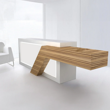 Reception Counter Solutions Tech Class 1 Reception Desk Modern Style Front Side View Display White and Light Wood Dual Color