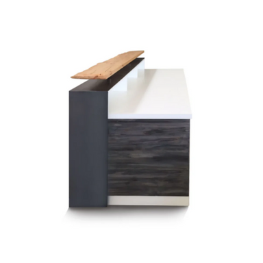 Reception Counter Solutions White Memphis Reception Desk Side View White Top and Bottom with Dark Wood Front and Sides Modern Style 4ft or 6ft